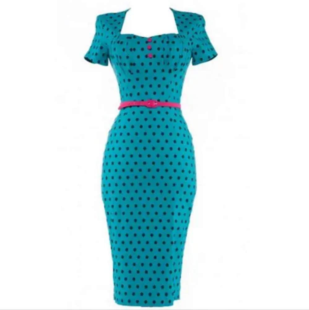 Pinup Couture Teal and Pink Polka Dot Dress